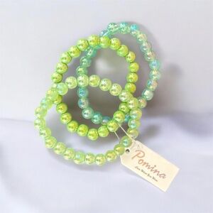 Tonal Green Beaded Stretch Bracelet Set of 3 Lime Seafoam Iridescent